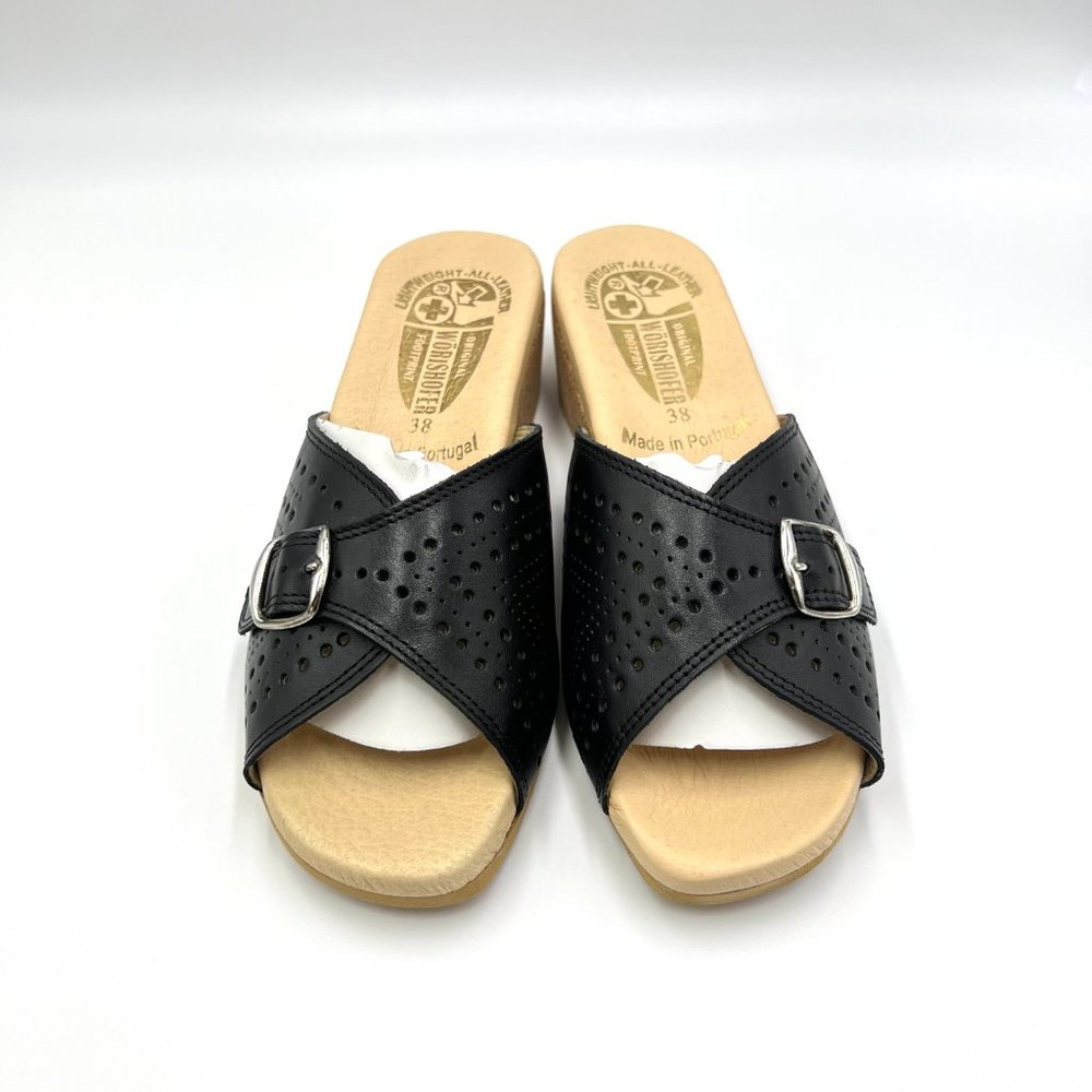 Worishofer Womens 251 Black Leather Slides Wedges Sandals Shoes 38 EU 7.5 - 8 US - Picture 2 of 15